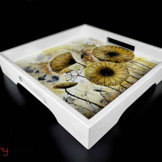 Cream square lacquer tray with hand-painted lotus 28cm